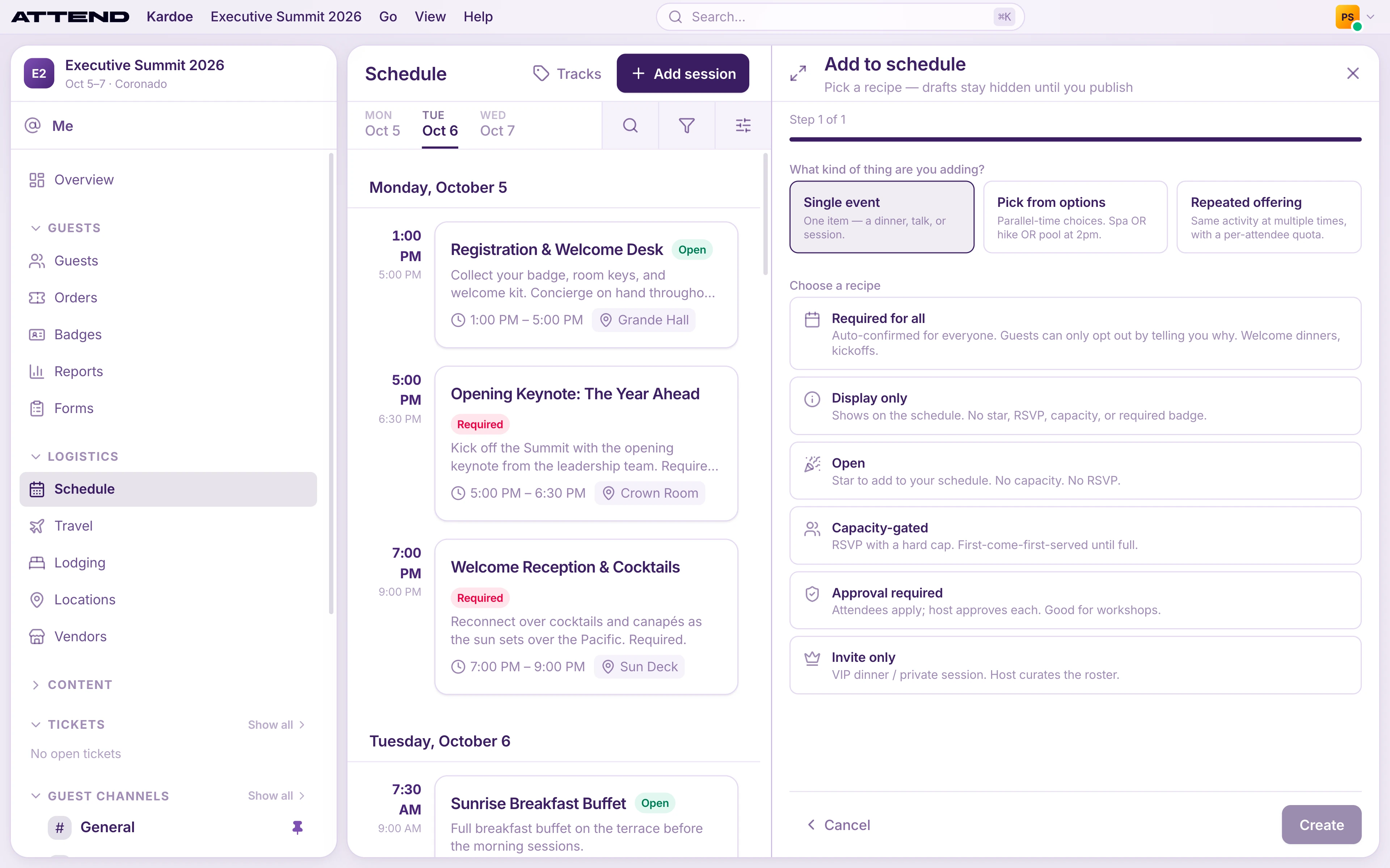 The Add to schedule panel