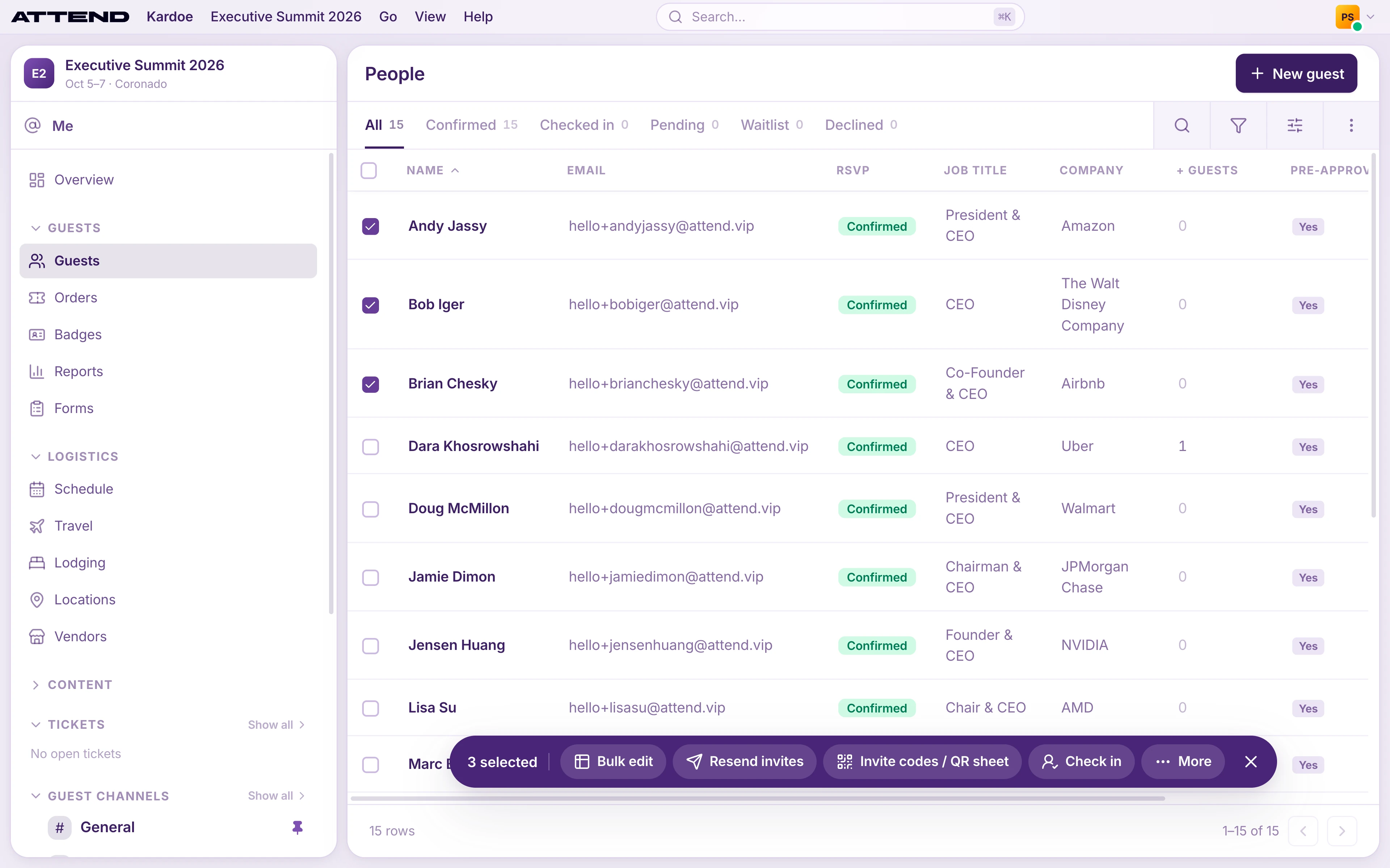 Guests selected on People, with the bar of bulk actions