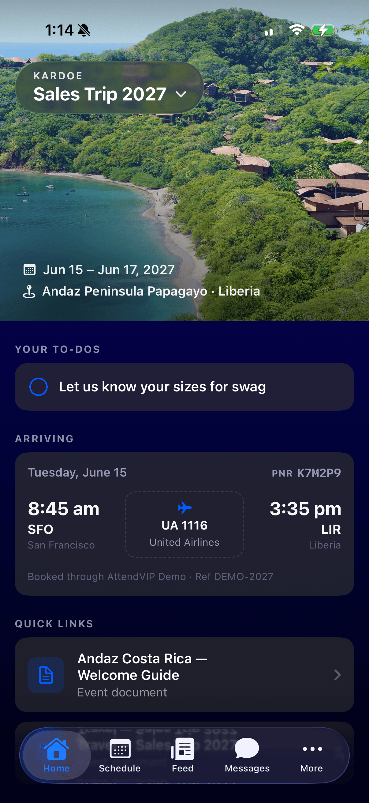 Attend home screen with trip overview, to-dos, travel, and quick links.