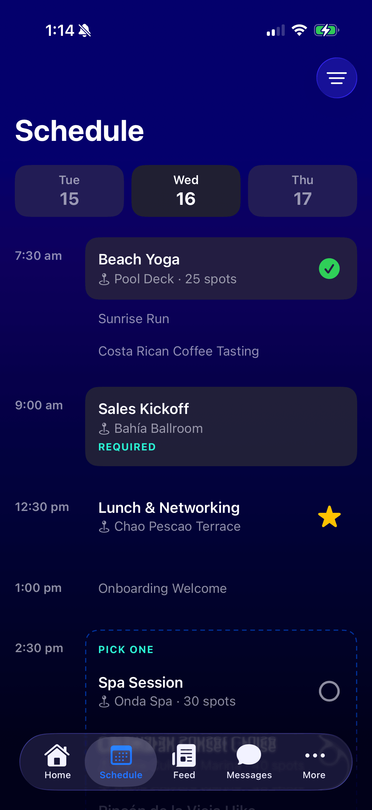 Attend schedule screen showing day tabs and agenda cards.