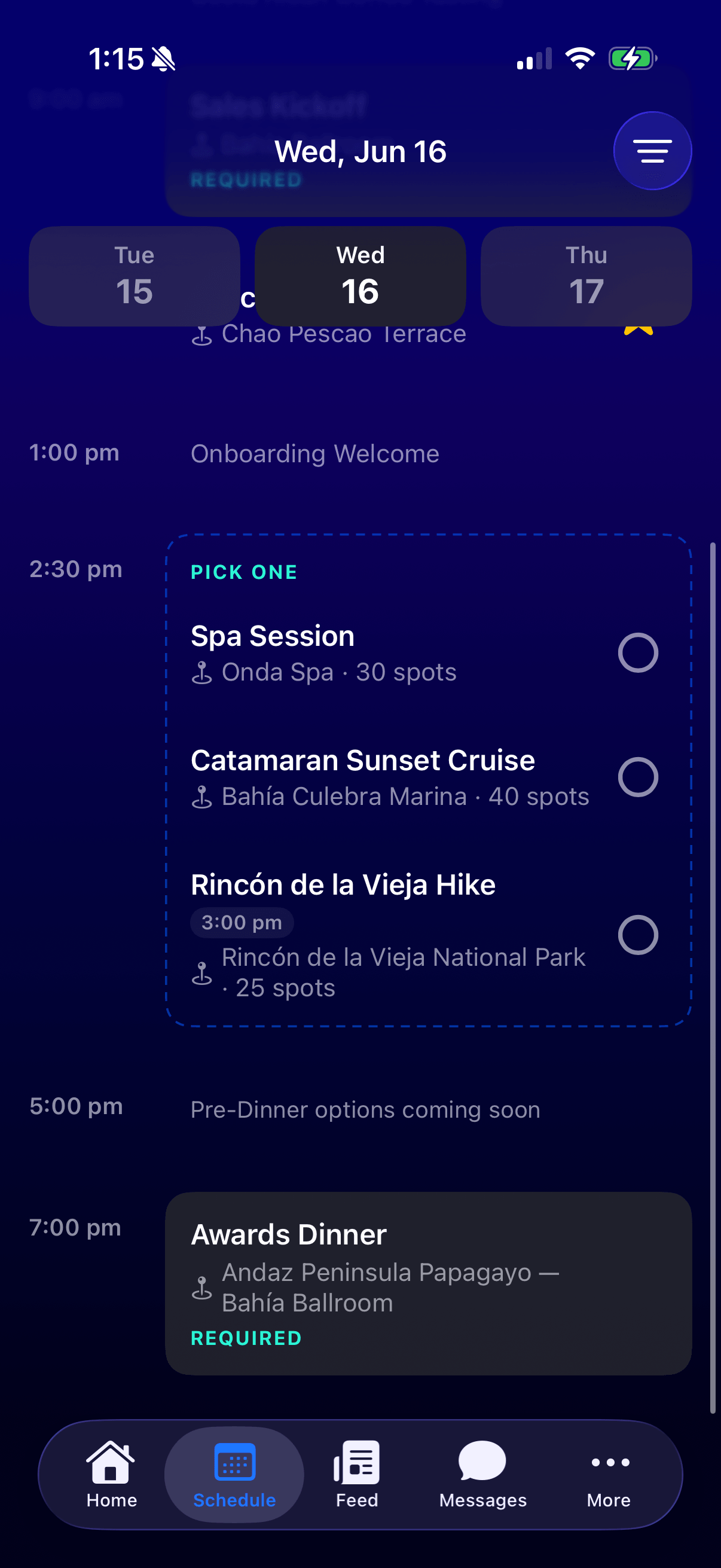 Attend schedule screen with selectable sessions and required activities.