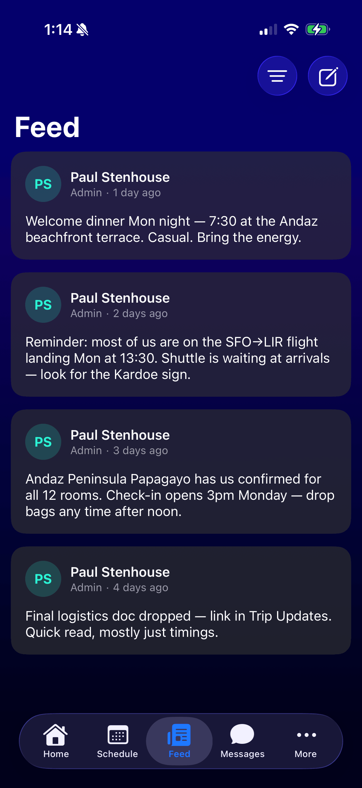 Attend feed screen with trip updates from the event team.