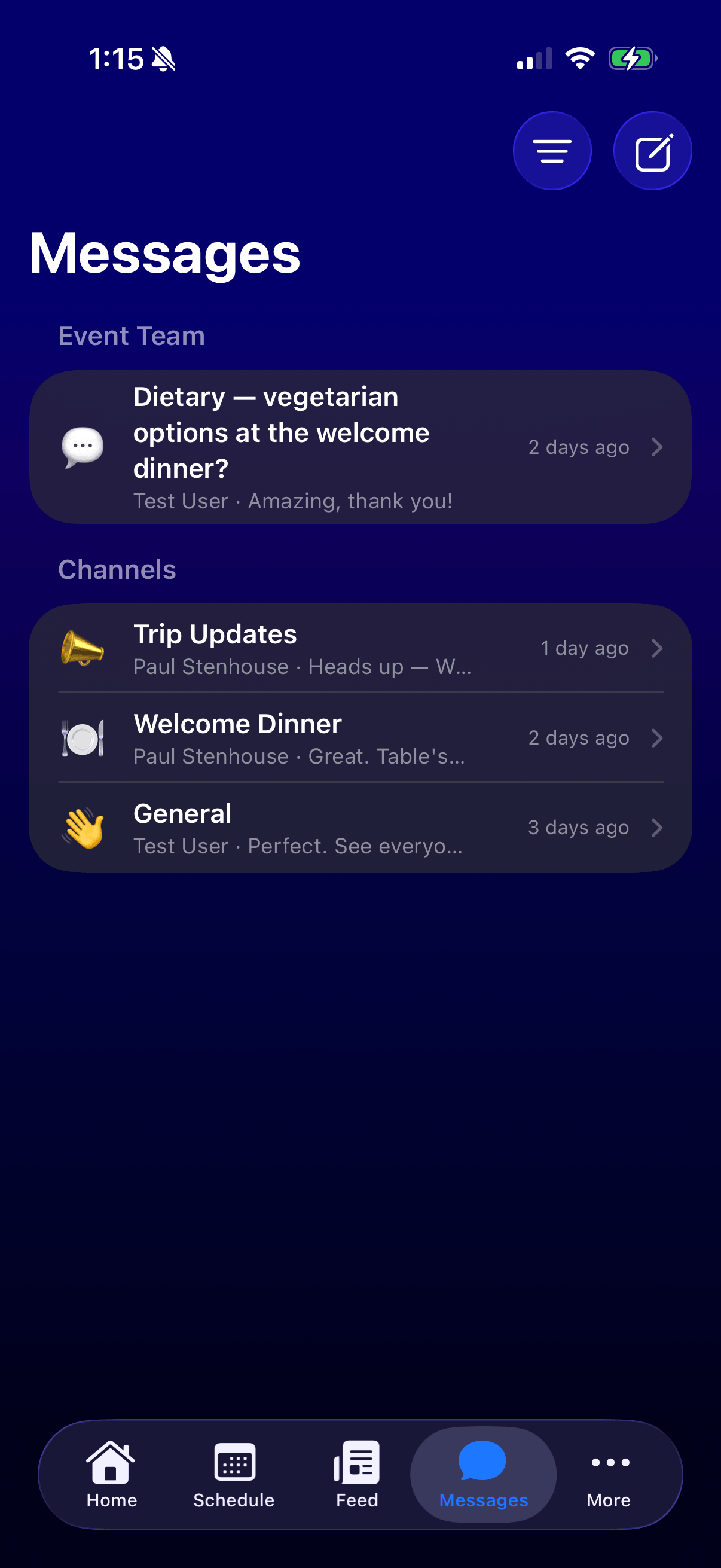 Attend messages inbox screen with direct and channel conversations.