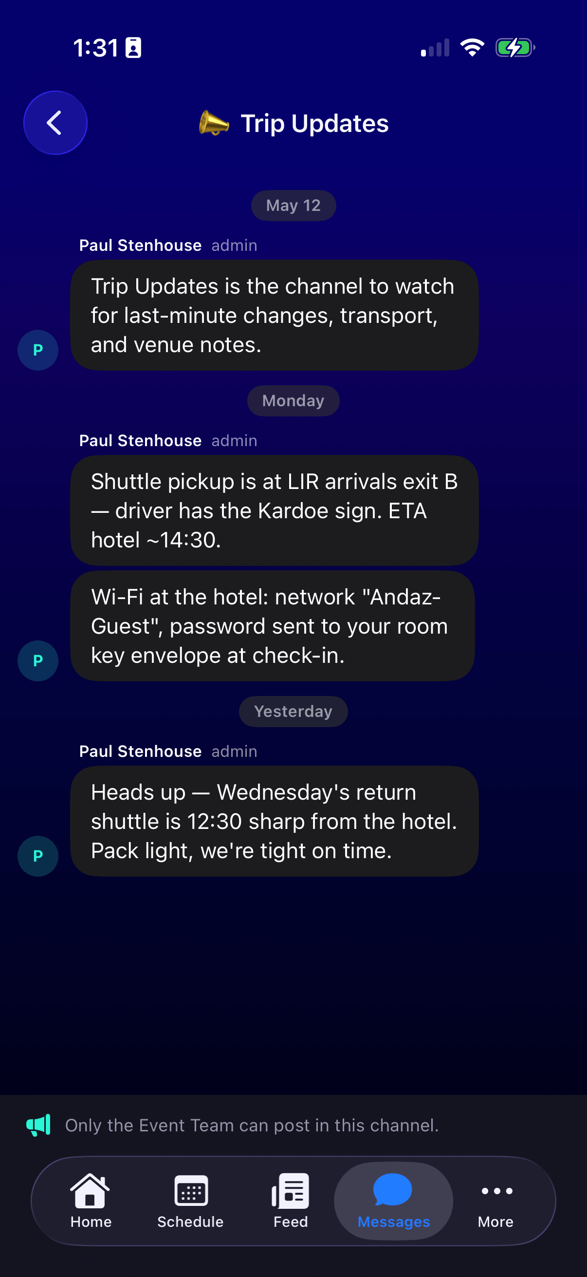 Attend trip updates channel conversation screen.