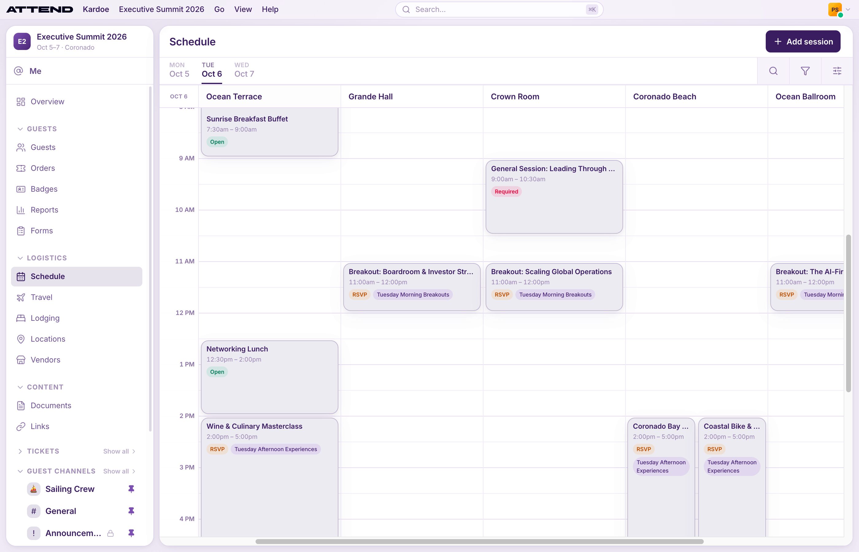 The organizer console schedule grid for Executive Summit 2026, showing sessions laid out across five venues for one day.